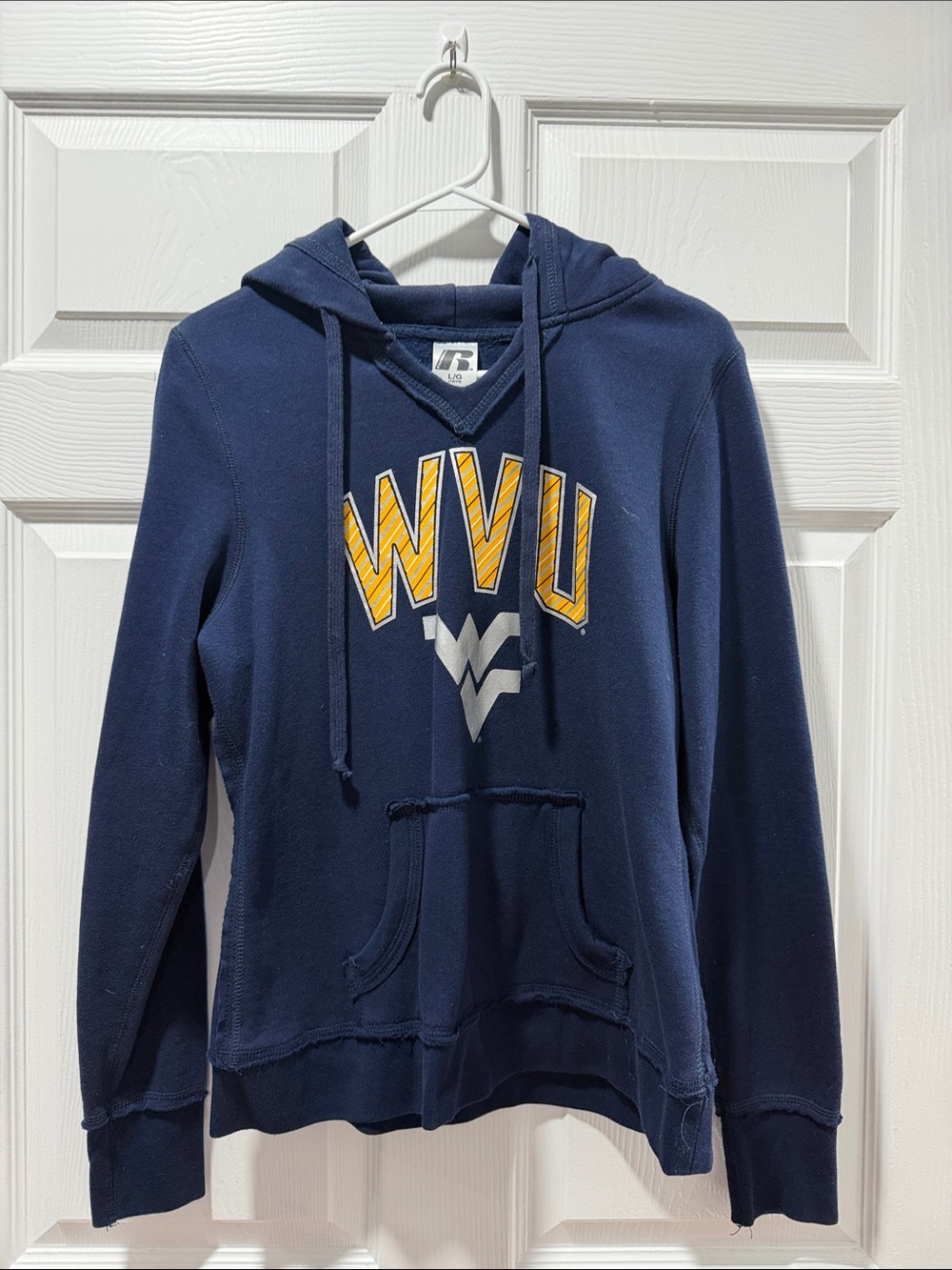 Russell Athletic Navy Cowl Hoodie with Gold and White WVU Logo